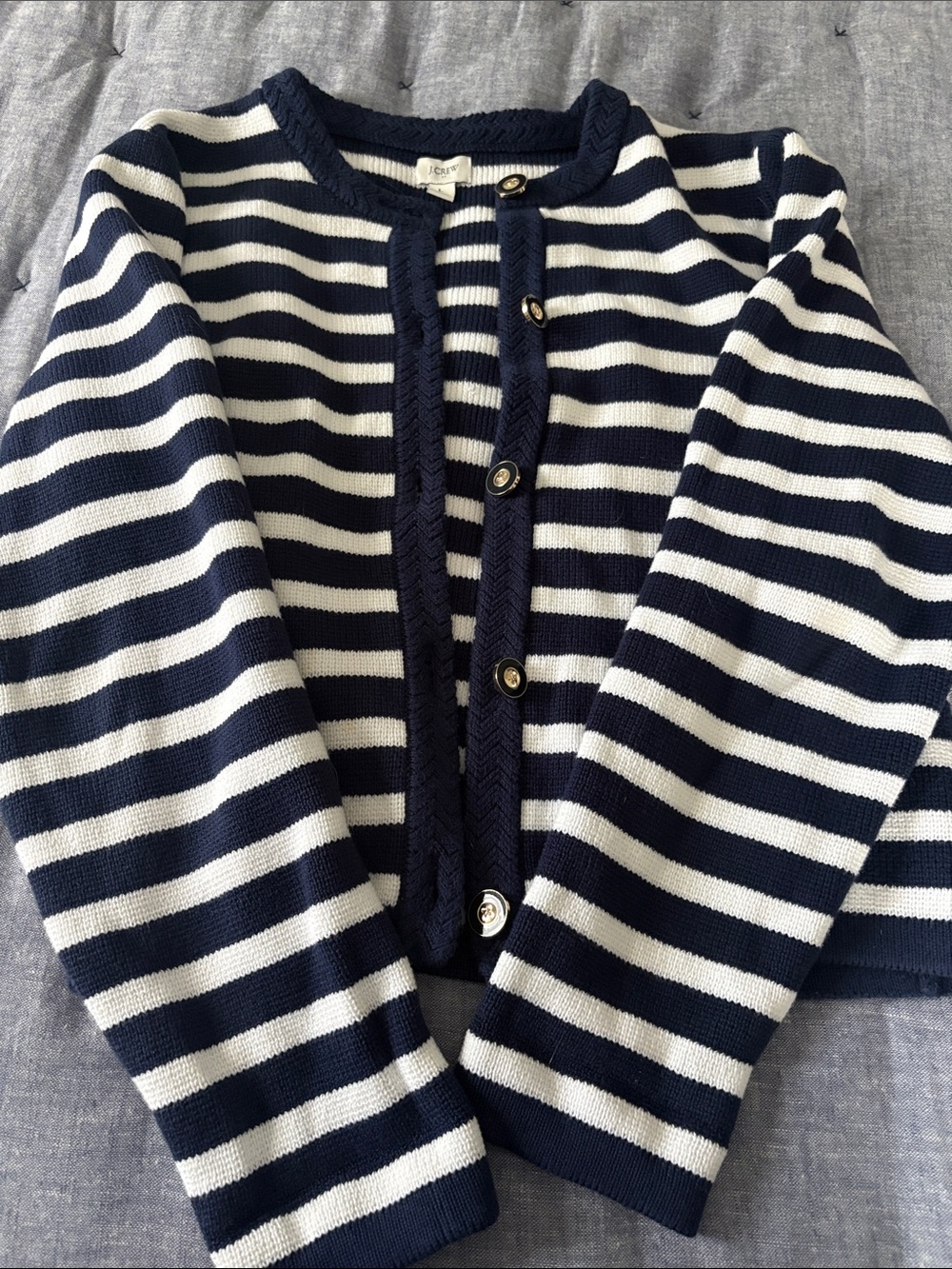 Blue and white striped cardigan- large